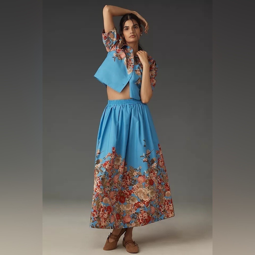 NWT! Anthropologie Blue Floral Maeve Pull-On Circle Skirt - Multiple Sizes 🕕1️⃣
